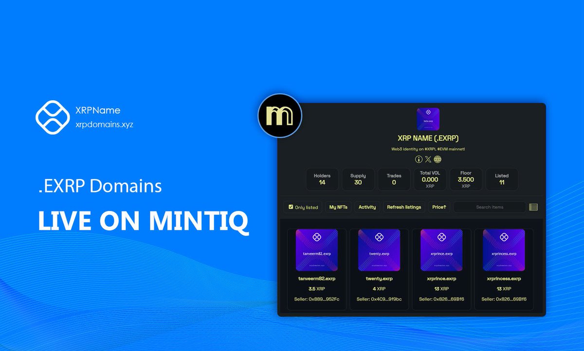 xrpname.xrp (@xrpdomain) on Twitter photo ๐ Weโre thrilled to announce: .exrp domains are now live on <a href="/MintiqMarket/">Mintiq Market</a>!
The first #Web3 domain on #XRPLEVM just hit the marketplace.
๐ Buy, sell & trade now:
๐ mintiq.market/trade/0xc01Df4โฆ
Own your identity. Join the future. ๐ ๐ Weโre thrilled to announce: .exrp domains are now live on <a href="/MintiqMarket/">Mintiq Market</a>!
The first #Web3 domain on #XRPLEVM just hit the marketplace.
๐ Buy, sell & trade now:
๐ mintiq.market/trade/0xc01Df4โฆ
Own your identity. Join the future. ๐