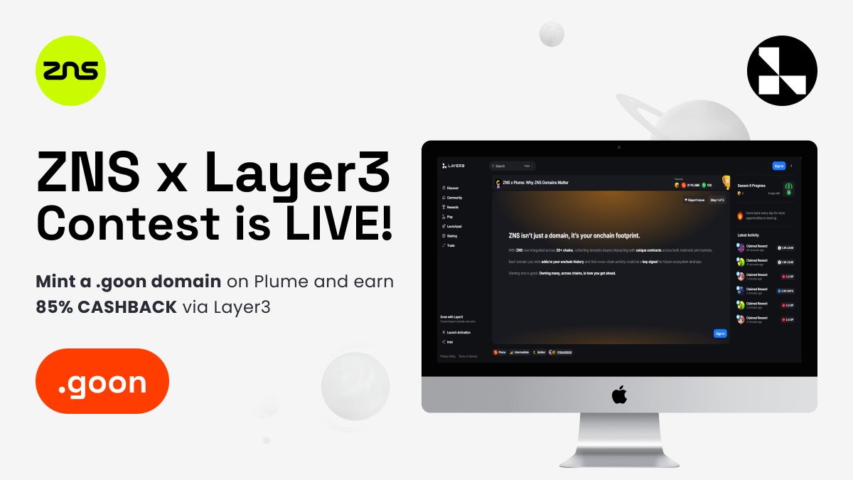 ZNSConnect's tweet image. 🎉 ZNS x Layer3 Contest is LIVE!

🔥 Mint a .goon domain on @plumenetwork and score 85% CASHBACK via @layer3xyz!

🚀 Why jump in now?
✅ 5,200+ users already claimed
✅ Only 800 slots left
✅ Mint + earn in one move

⏳ Time’s ticking—don’t miss out!
🔗 Join here:…