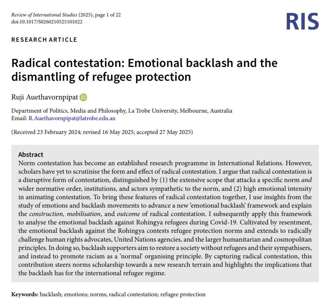 Beyond thrilled to have my new article on ‘radical contestion’ published in <a href="/RISjnl/">RIS</a>! 

Open access: doi.org/10.1017/S02602…

Please feel free to share further 😊

<a href="/latrobe/">La Trobe University</a> <a href="/CUP_PoliSci/">Cambridge University Press - Politics</a>