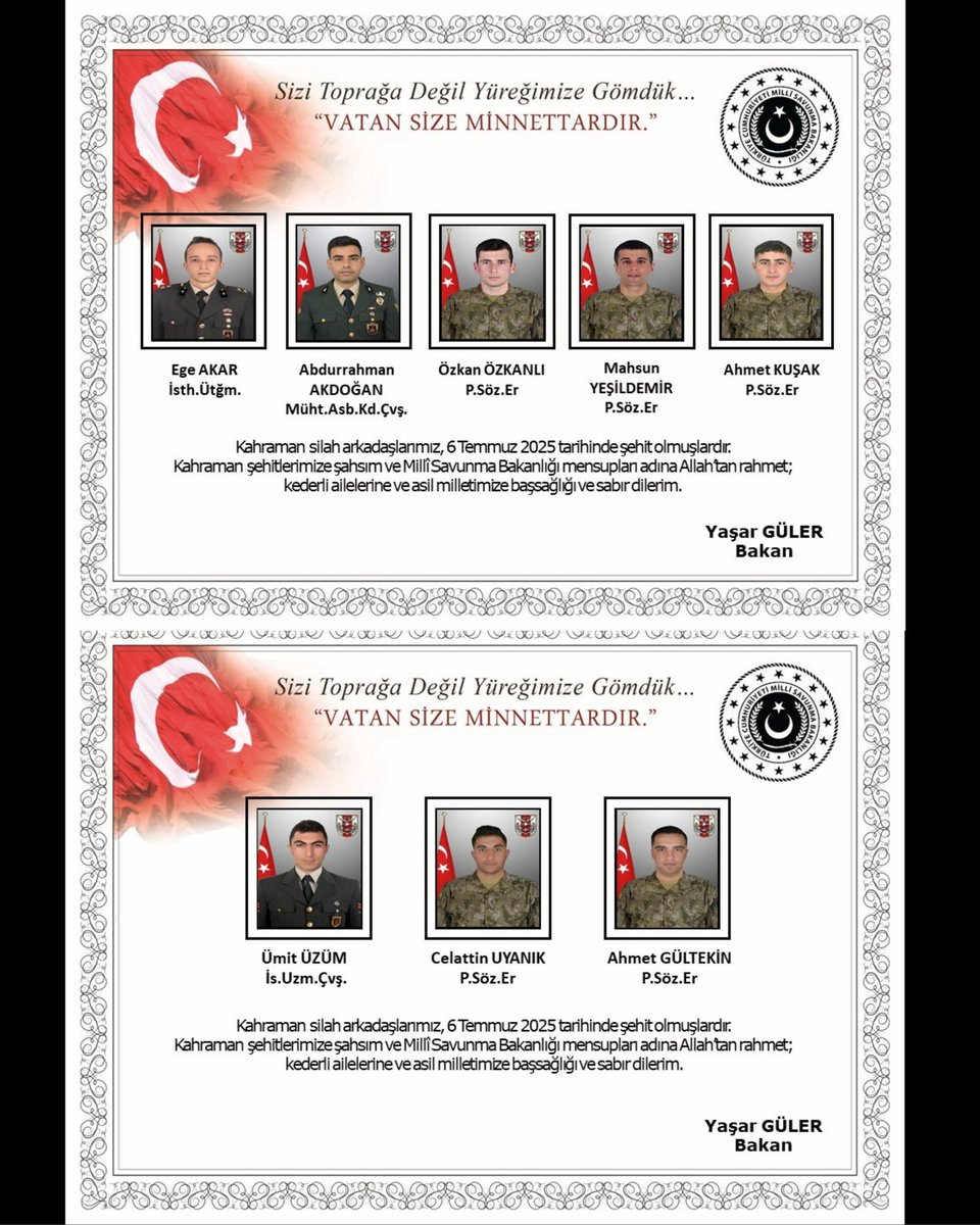 Vatanımızın bölünmez bütünlüğü uğruna canını feda eden kahraman Mehmetçiklerimizin şehadet haberini derin bir üzüntüyle öğrenmiş bulunmaktayız.

Aziz şehitlerimize Allah'tan rahmet, kederli ailesine, Türk Silahlı Kuvvetleri'ne ve milletimize başsağlığı diliyoruz.