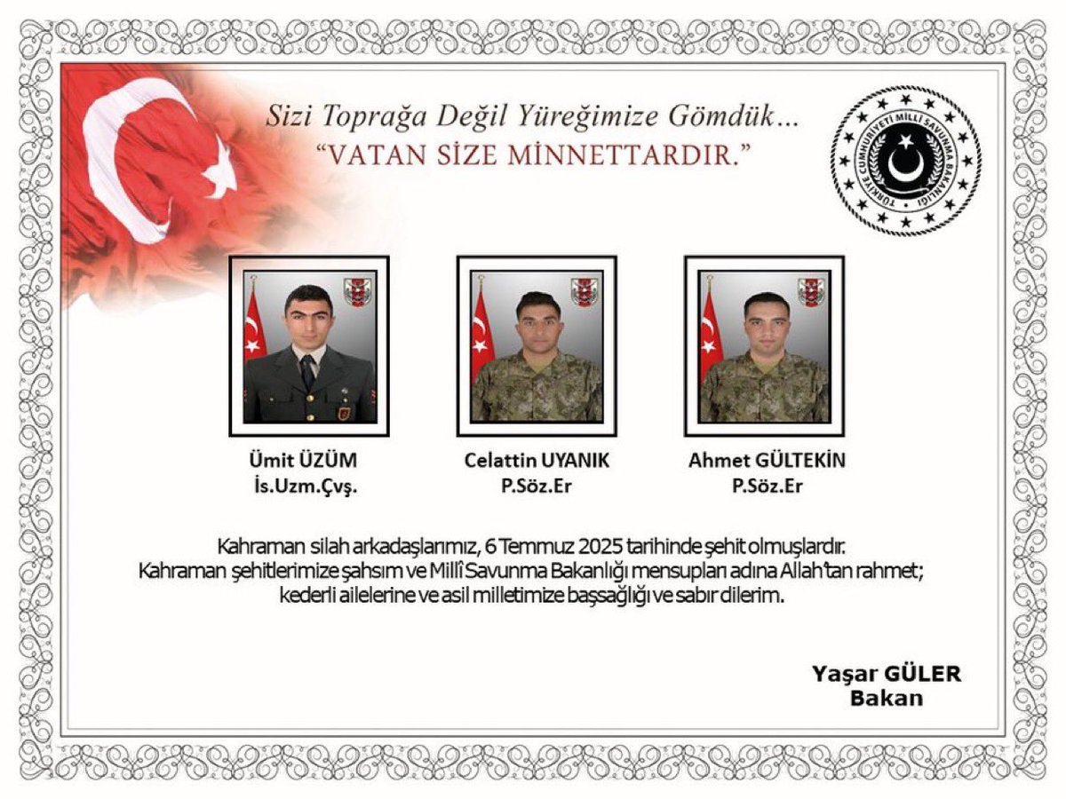 Şehit olan askerlerimiz:

— İs.Uzm.Çvş. Ümit ÜZÜM
— P.Söz. Er Celattin UYANIK
— P.Söz. Er Ahmet GÜLTEKİN