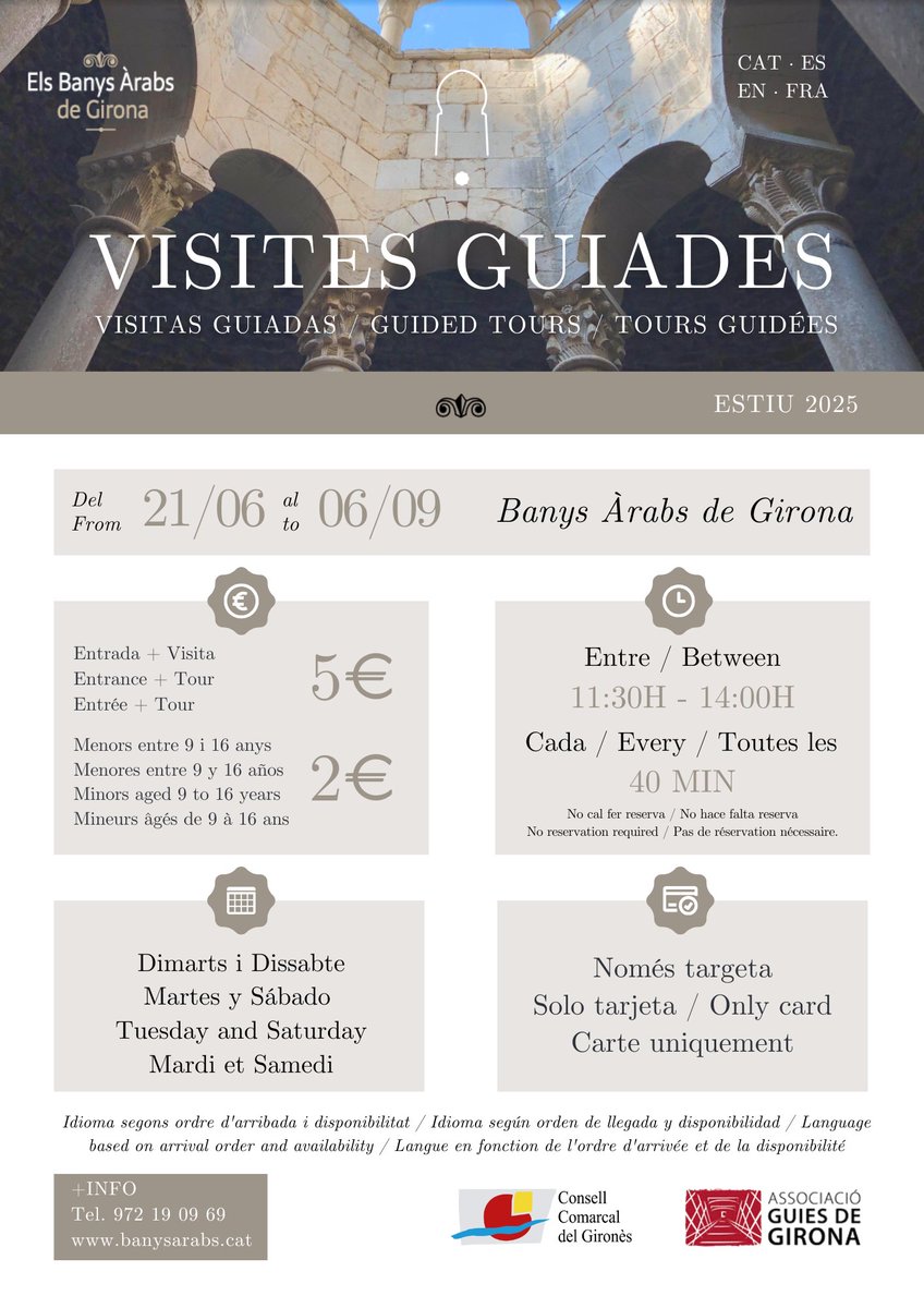 Consell Comarcal del Gironès (@ccgirones) on Twitter photo 📅 Els dimarts i dissabtes fins al 6 de setembre, pots descobrir els Banys Àrabs de #Girona!
Unes #VisitesGuiades que et permetran recórrer els espais del monument i connectar amb la vida quotidiana de l’època.
ℹ️ Organitza <a href="/turismegirones/">Turisme Gironès</a>, <a href="/GironesCultura/">Gironès Cultura</a> i <a href="/AGG_GuiesGirona/">Associació Guies de Girona</a>. 📅 Els dimarts i dissabtes fins al 6 de setembre, pots descobrir els Banys Àrabs de #Girona!
Unes #VisitesGuiades que et permetran recórrer els espais del monument i connectar amb la vida quotidiana de l’època.
ℹ️ Organitza <a href="/turismegirones/">Turisme Gironès</a>, <a href="/GironesCultura/">Gironès Cultura</a> i <a href="/AGG_GuiesGirona/">Associació Guies de Girona</a>.