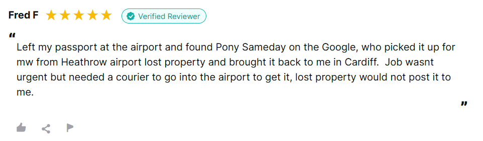 PonySameday's tweet photo. Fred left his passport at Heathrow Airport.
Lost property wouldn’t post it.
He found @PonySameday .
We picked it up and delivered it to Cardiff.

That’s how we do it.
#SamedayCourier #RealStory #PonySameday

https://t.co/duMhKRCm2g #REVIEWSio https://t.co/AC0IYYlFn6