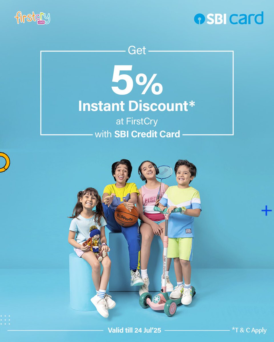 Get 5% Instant Discount* at FirstCry with SBI Credit Card

Valid till 24 Jul’25

Minimum Transaction: ₹2,999

Max Discount Per Card: ₹500

Know more: sbicards.net/first-cry25

*T&amp;C Apply

#SBICard #Discount #Offers #Deals