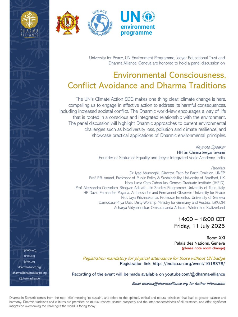🌿 Join us on 11 July at Palais des Nations for a panel on Dharmic environmental ethics and global sustainability.

From sacred groves to climate governance — faith meets policy for the planet.

🔗 Register: indico.un.org/event/1018378/
#Faith4Earth #DharmicEcology #UNGeneva