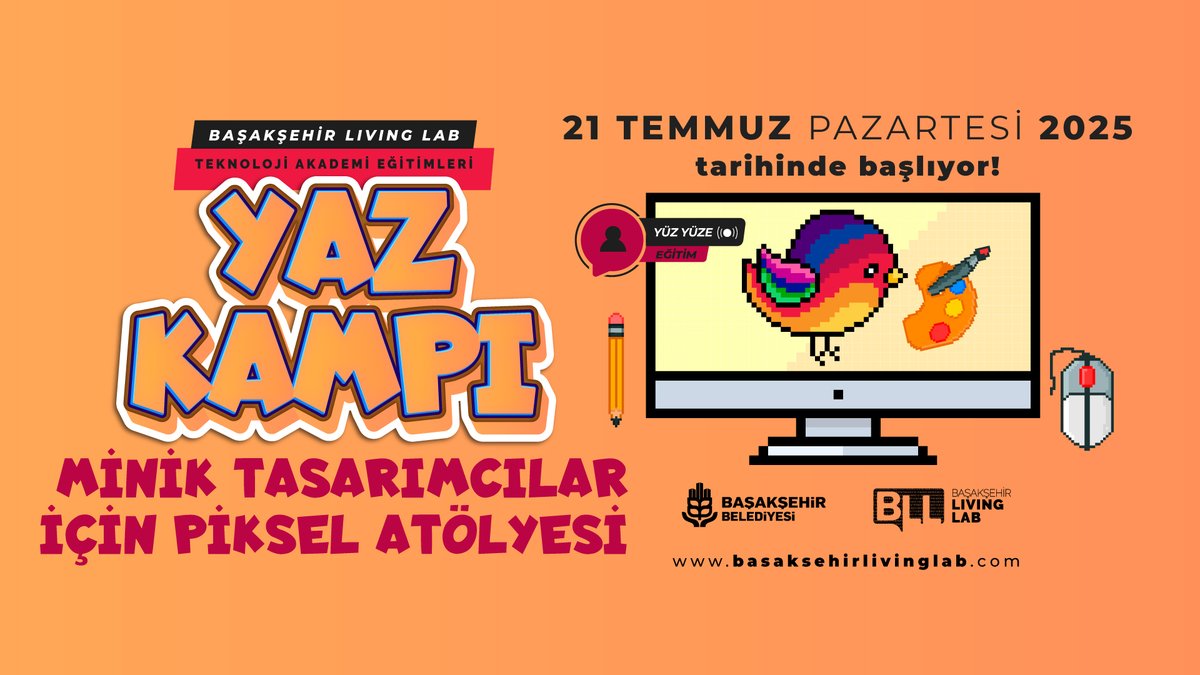 🟥 YAZ KAMPI: MİNİK TASARIMCILAR İÇİN PİKSEL ATÖLYESİ

📌 21-25 Temmuz 2025
⏰ 10.00 – 13.00
📍 Başakşehir Living Lab
📲 Başvuru: Başakşehirli Mobil Uygulama