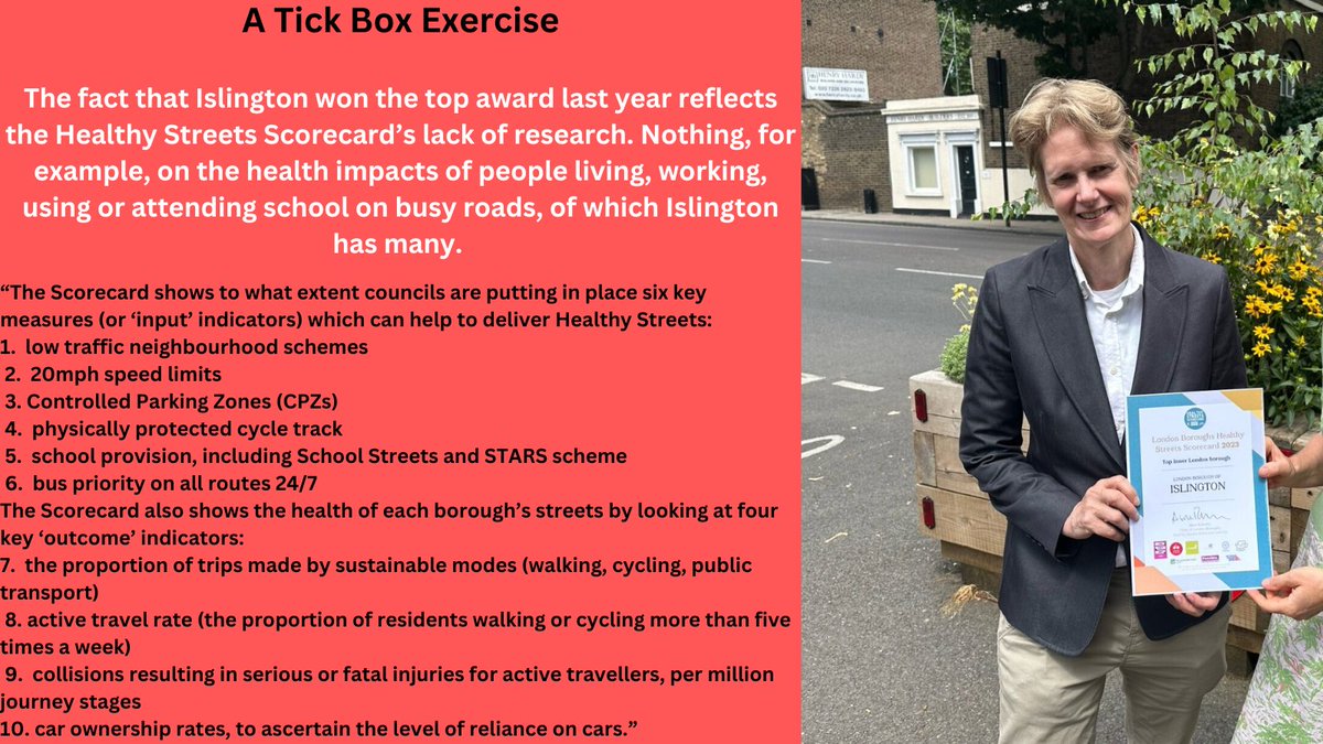 Tomorrow the self-styled Healthy Streets Scorecard will announce its annual award for the London borough which it argues has the healthiest streets. But don’t be conned. They do no research into transport &amp; health. It is merely a tick-box exercise into areas chosen by them.