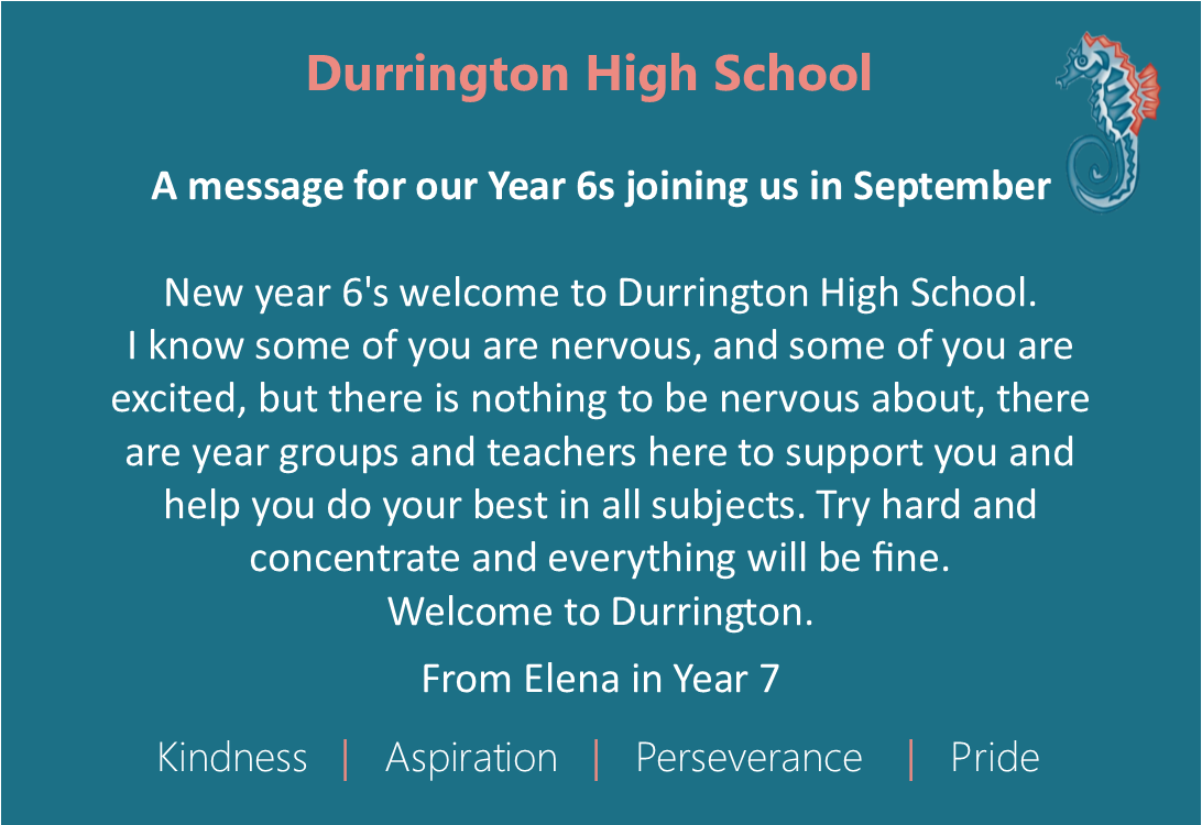 DurringtonHigh's tweet image. We asked our current year 7s what they would like to say to the year 6 students who will be joining us in September. Here is what Elena had to say.
#DHSTransition #WelcometoDHS #TheDurringtonJourney