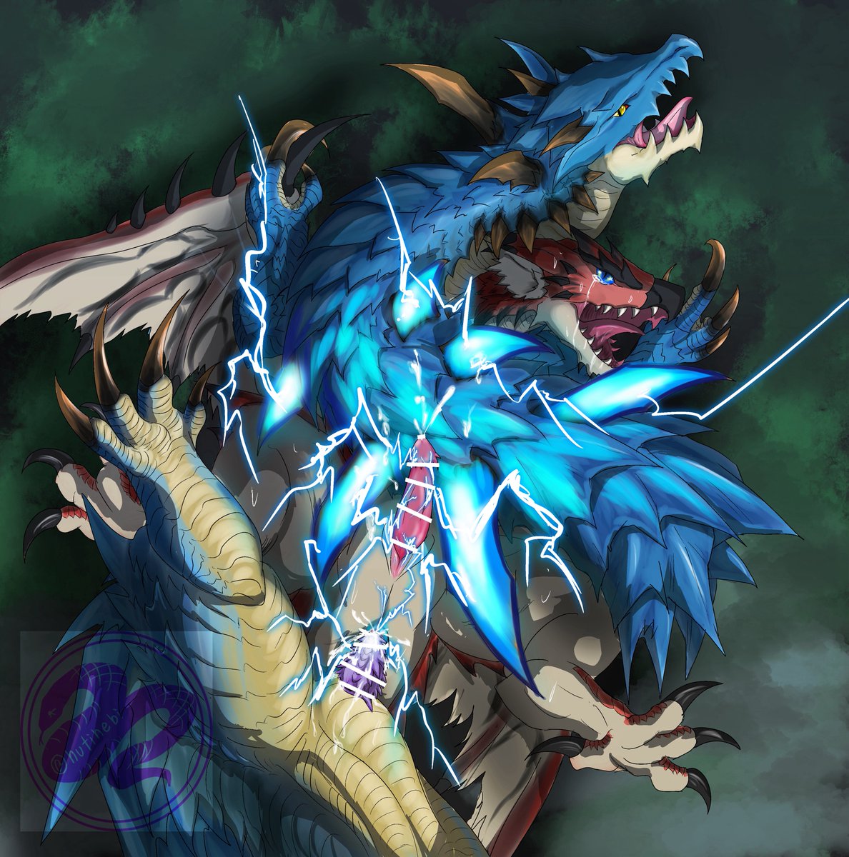 ラギレウ。戦いの末、巻きつかれて自由を奪われたレウス…力を持て余したラギアクルスは、その有り余る精力を発散せんとレウスの孔へと肉を突き入れた。なす術もなく蹂躙されていくレウス…昂って放たれる電撃はレウスの濡れた局部を通し全身に幾度も流れていく…　#フチヘビリョナ