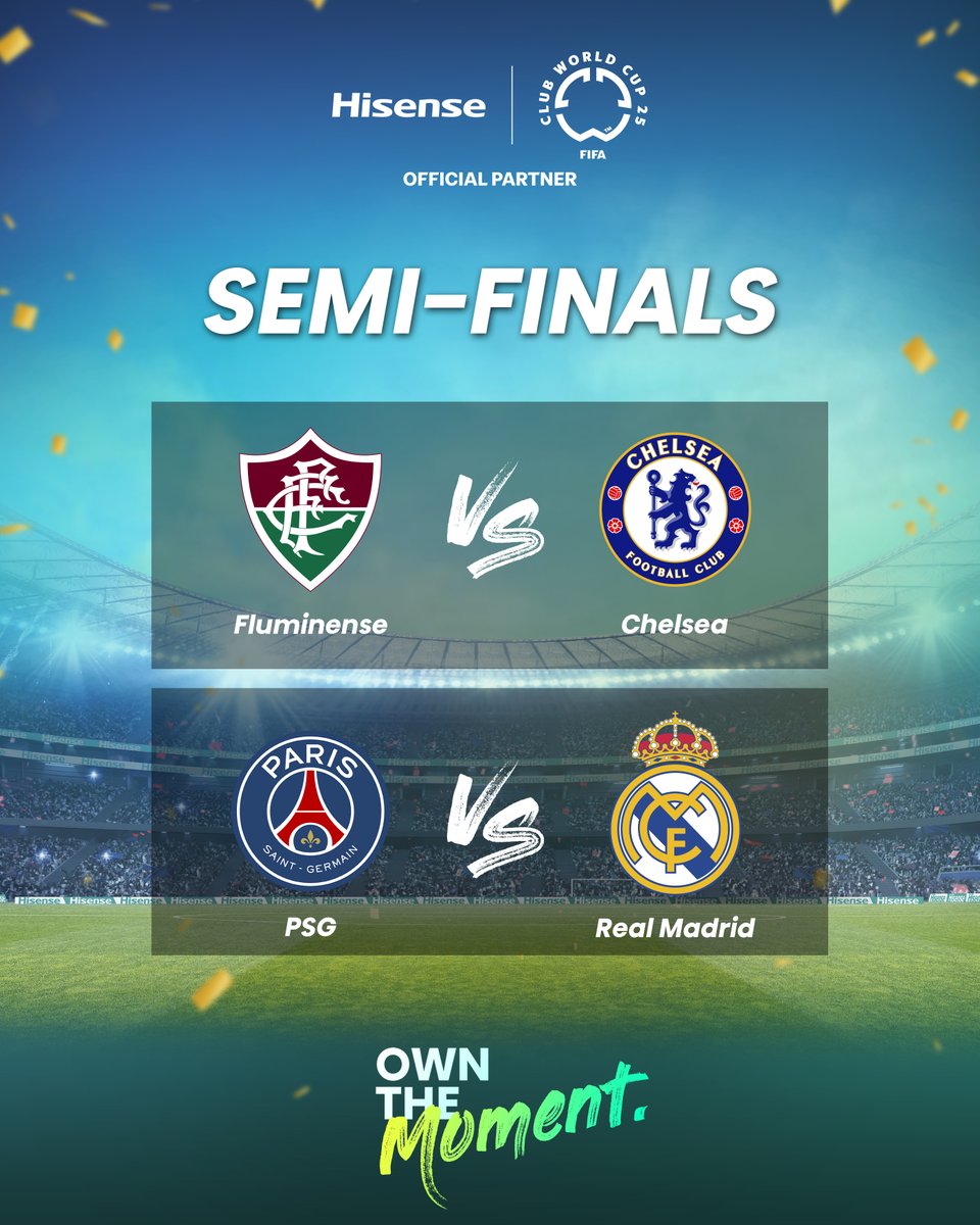 Final 4. One step from glory!⚽🔥
The FIFA Club World Cup 2025™ semi-finals kick off with high stakes and higher dreams.
Watch every decisive moment with Hisense and OwnTheMoment. 
Who do you think will reach the final? Drop your predictions below! 👇