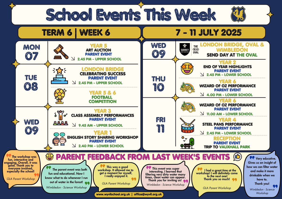 🎉 Another exciting week at Wyvil!
From art auctions 🎨 and performances 🎭 to football ⚽ and trips 🌳 – there’s so much happening this week!
Check out the full schedule below and join us in celebrating our amazing pupils! 💛💙
#WyvilEvents #WyvilPrimary #EndOfTermFun