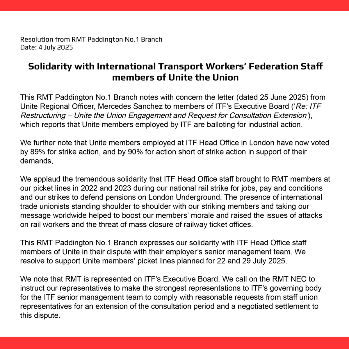 The solidarity keeps rolling in: Massive thank you to RMT Paddington No.1 Branch (<a href="/RMTPad1/">RMT Paddington No.1 Branch</a>) – see you on our picket lines 22 and 29 July!

Send your message in now: itfstaffunion.org/takeaction/