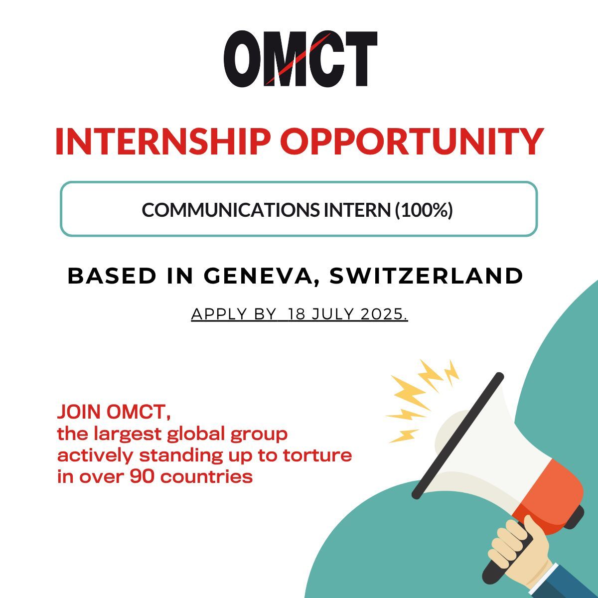 omctorg's tweet image. ⏰ REMINDER – Last days to apply!
OMCT Geneva Office is looking for a Communications Intern!
📅 Starting date: September 1, 2025
📍 Location: Geneva Office
🕑 Duration: 6 months
Deadline to apply: July 18, 2025
🔗 Apply now: bit.ly/4k68S35
#InternshipOpportunity…