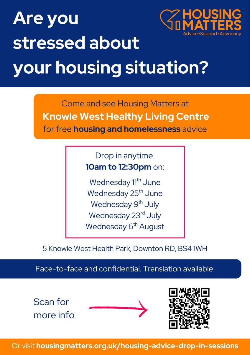 Free housing advice in Knowle West 📣 

Come and chat to us to work out the best way forward.

Next session:

📆 This Wednesday - 9th July
🕙 10am - 12:30pm (just turn up - no need to book)
📍 Knowle West Healthy Living Centre, BS4 1WH

More info 👉 buff.ly/LqmXRbQ