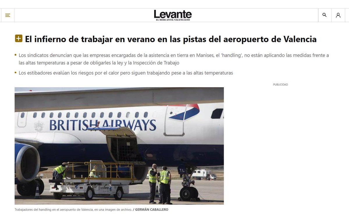 CCOO País Valencià (@ccoopv) on Twitter photo 🔥 <a href="/fscccoopv/">Ciutadania CCOO PV</a> Las empresas de #handling del 🛫aeropuerto de Valencia incumplen la ley, no aplican medidas preventivas frente a ⬆ temperaturas (+45º en pistas de asfalto sin sombra).
🥵Camisa de poliéster no transpirable, pantalón 44% lana y chaleco.
🔗acortar.link/Uyrb7u 🔥 <a href="/fscccoopv/">Ciutadania CCOO PV</a> Las empresas de #handling del 🛫aeropuerto de Valencia incumplen la ley, no aplican medidas preventivas frente a ⬆ temperaturas (+45º en pistas de asfalto sin sombra).
🥵Camisa de poliéster no transpirable, pantalón 44% lana y chaleco.
🔗acortar.link/Uyrb7u