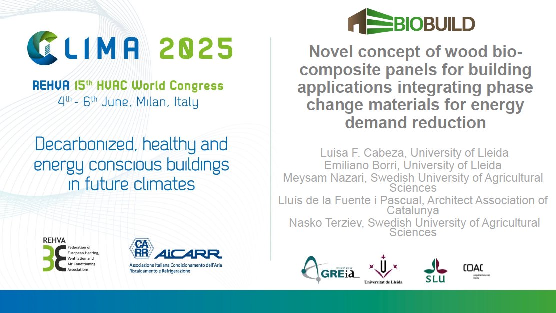 biobuildEU's tweet photo. 🌱#BIOBUILD at #CLIMA2025! 🌍
Our partners from @greiaudl, @_slu, and the @Col·legi d'Arquitectes de Catalunya - COAC participated at the prestigious #CLIMA2025 conference to present BIOBUILD’s innovative approach to sustainable construction.

Their presentation introduced a novel concept of wood biocomposite panels for building applications — integrating bio-based phase change materials (bioPCM) to significantly reduce energy demand in buildings 🌡️🏡

👉🔗 Access the full presentation on Zenodo here: https://t.co/s5JZRJn3Xp

 📘 Learn more about the project: https://t.co/8UElRbOdo9