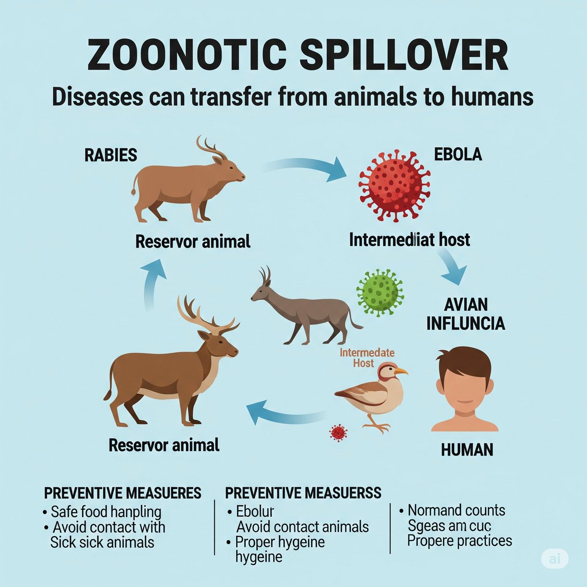 AntivirusPark's tweet image. 🦠Zoonotic spillover occurs when pathogens jump from animals to humans due to: 
-#closecontact, 
-#habitatoverlap, or 
-#environmentalchanges. 
🦇Following factors increase transmission risk: 
#deforestation, 
#wildlifetrade, &amp;amp;
#intensivefarming. #ZoonoticDisease #PublicHealth 🌍