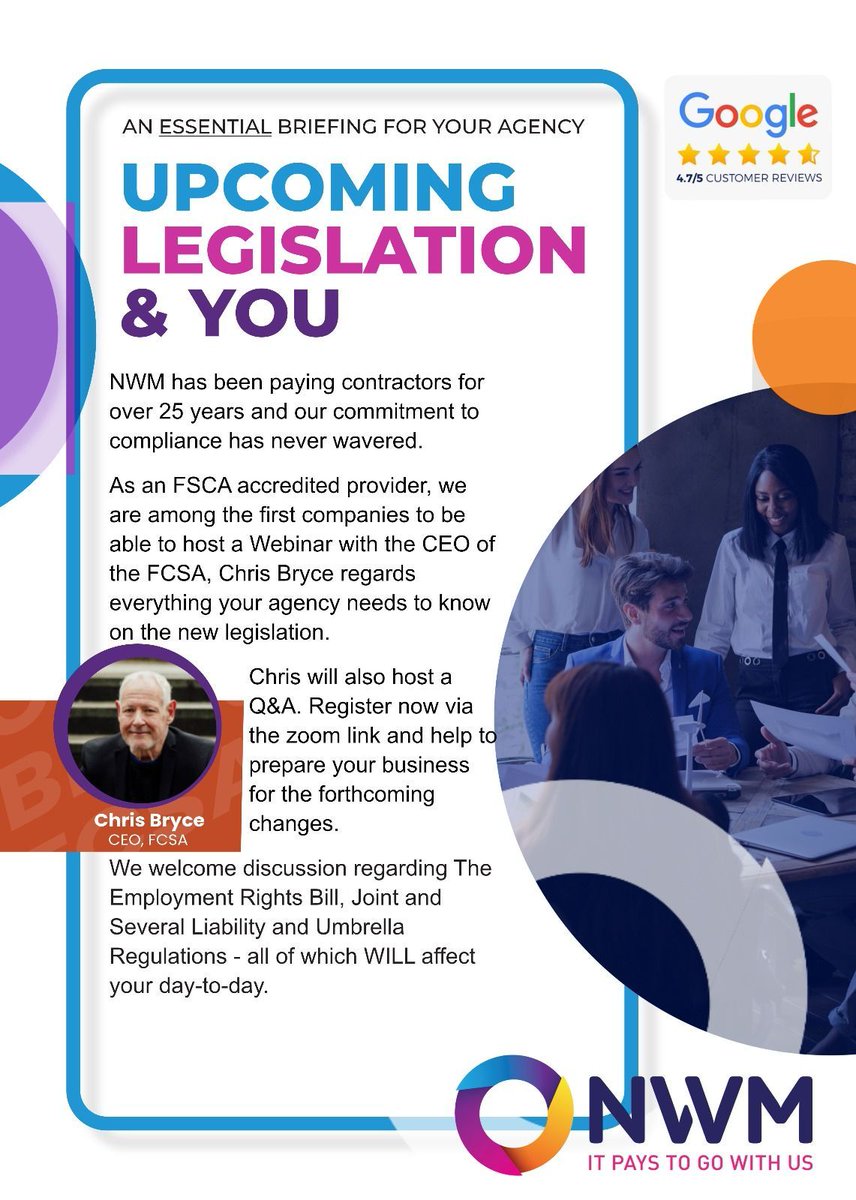 NWMTeam's tweet photo. 🚨 SAVE THE DATE - NWM &amp; FCSA LEGISLATION UPDATE - 28 July 2025 1030-1130 am 🚨 

Your host is Chris Bryce, CEO of the FCSA and Chris will cover everything your recruitment agency needs to know. We hope you can join us, your link is 𝗵𝗲𝗿𝗲 https://t.co/J9MXAr4fq7 https://t.co/MKlz4GxKEZ