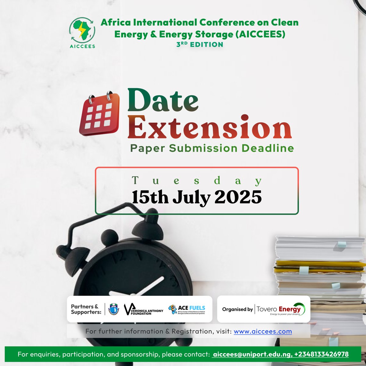 ToveroEnergy's tweet image. Deadline Alert!
Submit your #CleanEnergy research to AICCEES 2025 by July 15! 🌍⚡
✅ Sponsorships available (travel, accommodation, registration)!
📄 Full papers only. Email: aiccees@uniport.edu.ng
🔗 Apply: bit.ly/25CFRP3
🔍 Details: aiccees.com
