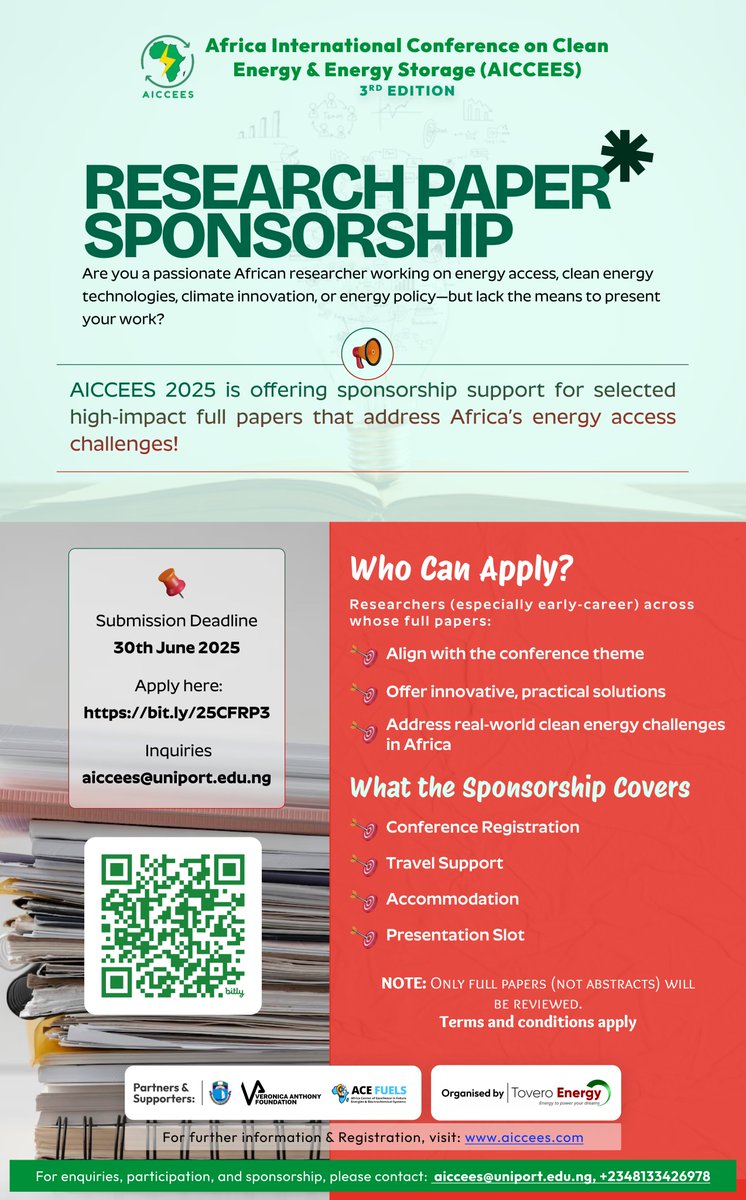 ToveroEnergy's tweet image. Deadline Alert!
Submit your #CleanEnergy research to AICCEES 2025 by July 15! 🌍⚡
✅ Sponsorships available (travel, accommodation, registration)!
📄 Full papers only. Email: aiccees@uniport.edu.ng
🔗 Apply: bit.ly/25CFRP3
🔍 Details: aiccees.com