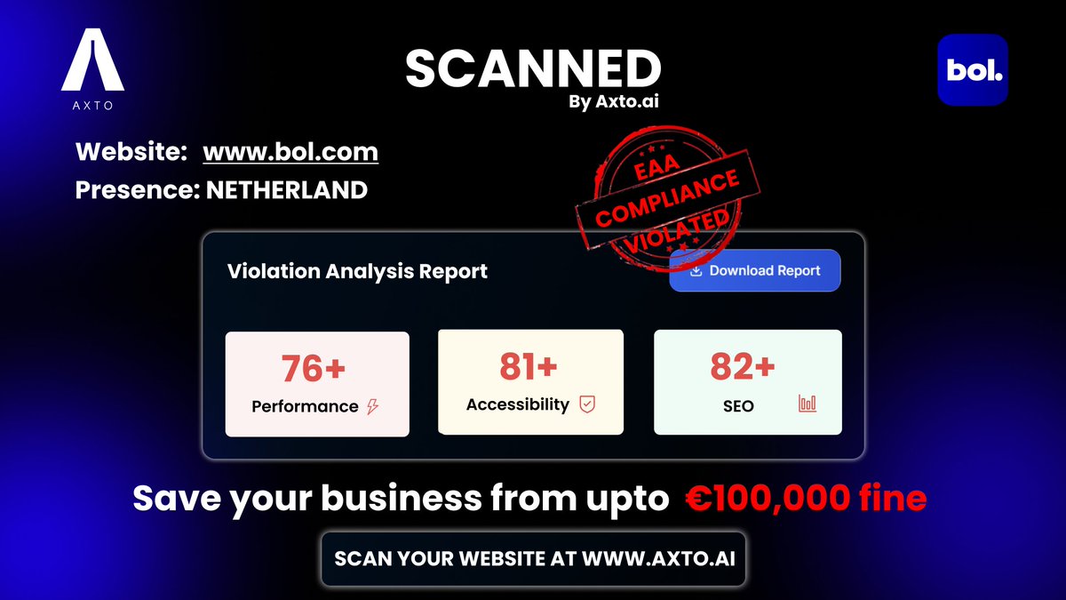 axto_ai's tweet photo. 🚨 EAA Violation Detected: Bol Website                                                                                                                                                                             The official site of the Bol— https://t.co/Duq7mpuCx6— was scanned by https://t.co/nQ9sKOnlA3 and failed EAA compliance checks.         
                                                        
🔍 Key Findings:                                                                                                                                                                                                                          ⚠ 81+ Accessibility ⚡ 76+ Performance 📊 82+ SEO                                                                                                                                                           💥 Under the European Accessibility Act, non-compliance can lead to fines of up to €100,000 and regulatory scrutiny — even for institutions within the EU itself.                                                                                                                                                                                                  📌 If even the EU’s own digital platforms are at risk, so is yours.                                                                                                                                       🛡 Scan your site today at https://t.co/Yuk2WLO0Ik and avoid being the next in line.
                                                                                                                                                                              #EAACompliance #EuropeanAccessibilityAct #ECB #EU #DigitalRisk #LegalCompliance #AccessibilityMatters #WebsiteAudit #AxtoAI #WCAG #InclusiveDesign #Fintech #PublicSector #RiskManagement #Bol