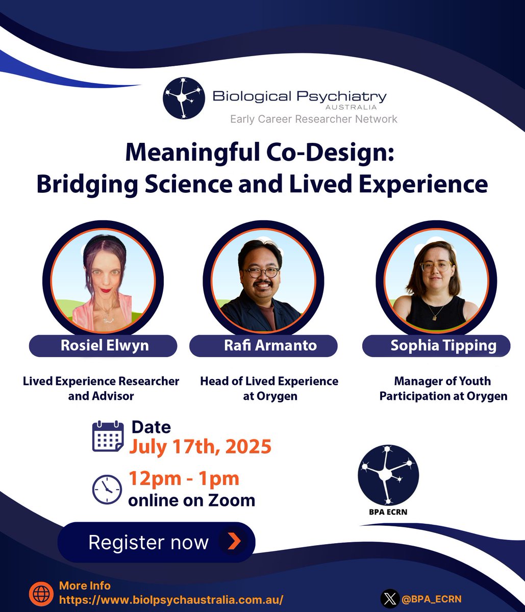 BPA_ECRN's tweet image. ‼️BPA ECRN Webinar Reminder‼️
If you have any pressing Q’s you want answered by our speakers, let us know in the comments or email them through to biolpsychaustralia.ecrn@gmail.com 📅📅
Register NOW at: url.au.m.mimecastprotect.com/s/hP9kCnx155t0…
Or join on the day using: uni-sydney.zoom.us/j/87108969415
