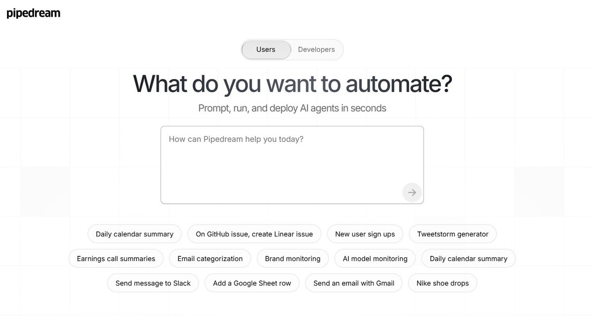 GearUp_X's tweet photo. 🚀 Pipedream ( @pipedream )  

For developers who hate building backends.

→ Webhooks
→ APIs
→ OpenAI agents

Build once. Auto forever.

#AI #WebDevTools #SaaS https://t.co/eUf7fVUmYd