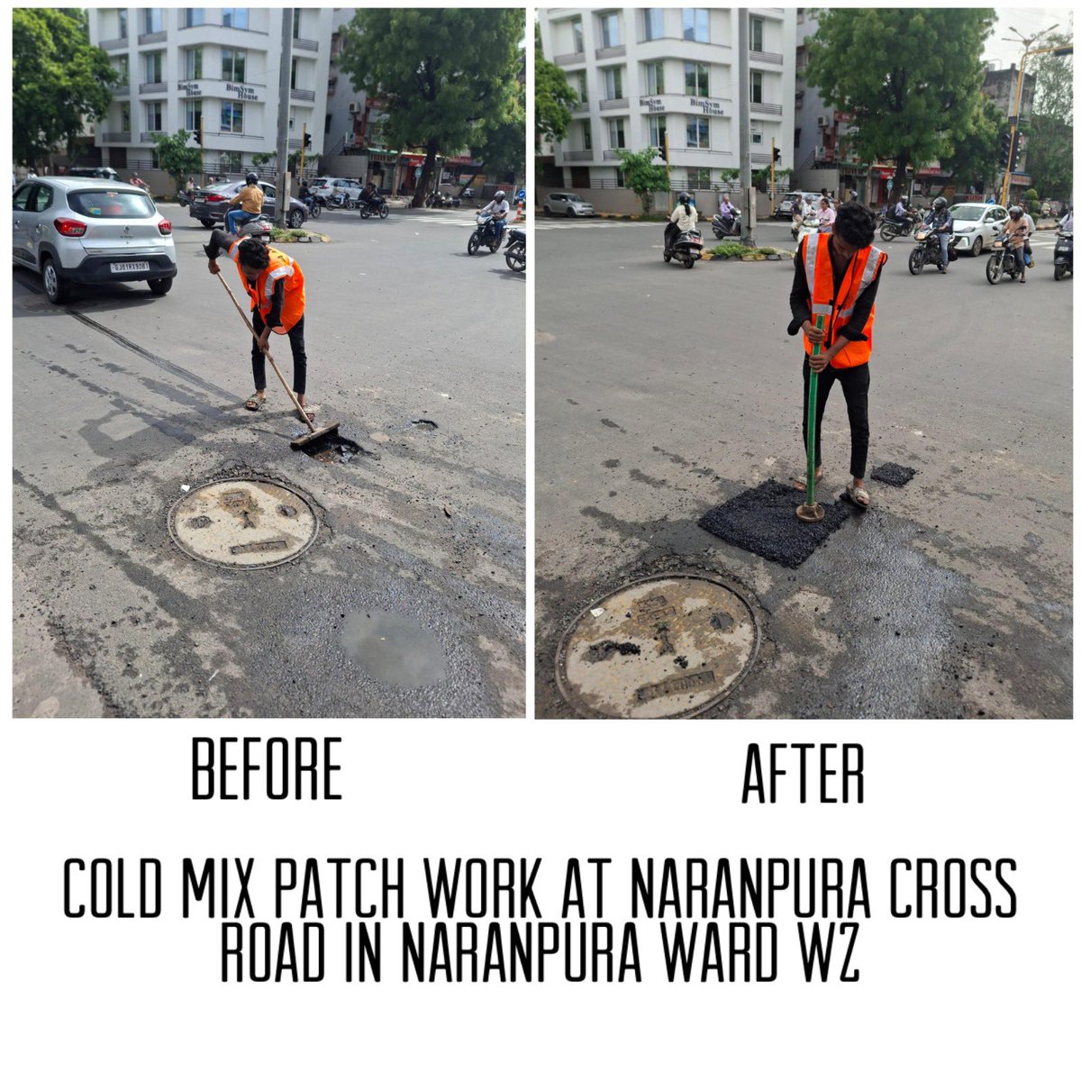 AmdavadAMC's tweet photo. Cold mix patch work undertaken in Naranpura Ward to improve road conditions. Ensuring smoother and safer travel for all commuters.

#RoadRepair #ColdMixPatchwork #ColdMixPatchwork #AhmedabadMunicipalCorporation #BetterRoadsBetterCity https://t.co/SONDHBHItH