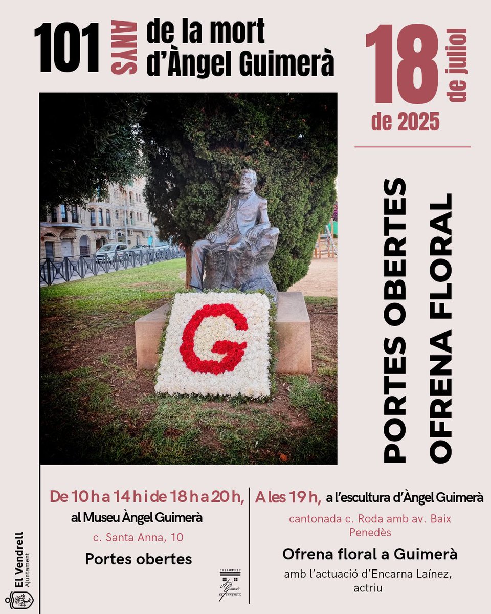 𝟙𝟘𝟙 𝔸ℕ𝕐𝕊 𝕄𝕆ℝ𝕋 Àℕ𝔾𝔼𝕃 𝔾𝕌𝕀𝕄𝔼ℝÀ 📜
📆 18 de juliol de 2025

Us convidem als 101 anys de la mort del dramaturg amb una 𝗢𝗳𝗿𝗲𝗻𝗮 𝗳𝗹𝗼𝗿𝗮𝗹 a la seva escultura.

🕔 19 h
🎤 Amb l'actuació de l'actriu Encara Laínez
📍Cantonada c. Roda amb av. Baix Penedès