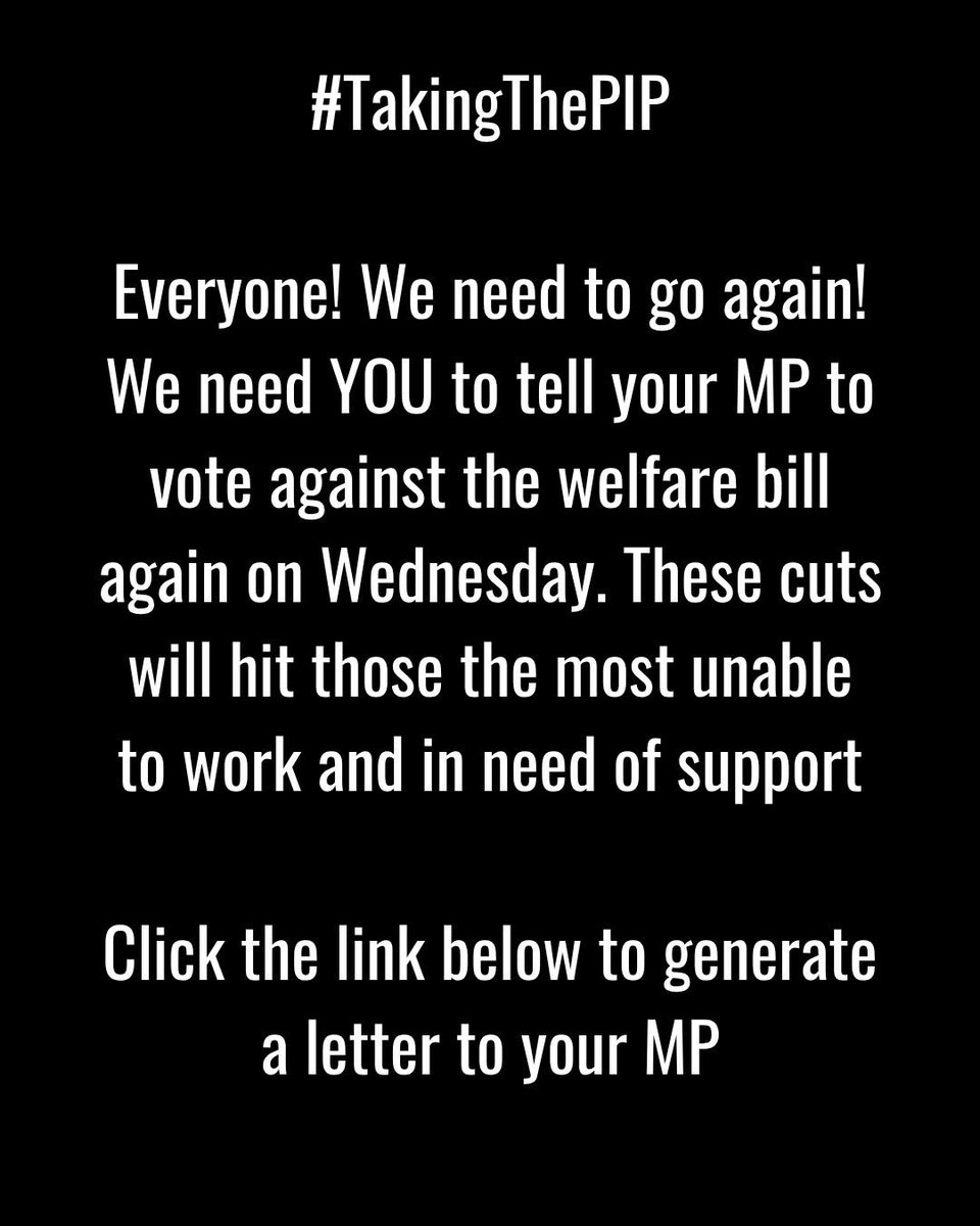 DPAC (@dis_ppl_protest) on Twitter photo #BinUCBill
On Wednesday 9th July, the Universal Credit Bill and amendments will be debated and voted on
We need all allies to pile pressure on MPs and vote this hideous bill down and say #BinUCBill ❌Vote NO
Letter link to use from <a href="/TakingThePIP1/">TakingThePIP</a>
takingthepip.co.uk/write-to-your-… #BinUCBill
On Wednesday 9th July, the Universal Credit Bill and amendments will be debated and voted on
We need all allies to pile pressure on MPs and vote this hideous bill down and say #BinUCBill ❌Vote NO
Letter link to use from <a href="/TakingThePIP1/">TakingThePIP</a>
takingthepip.co.uk/write-to-your-…
