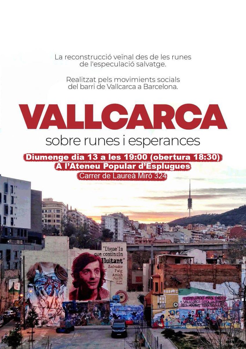 Presentem el documental "Vallcarca, sobre runes i esperances".

Comptarem amb la presència de companyes de Vallcarca per a fer la presentació i compartir idees i experiències de lluita en acabar la projecció.

Diumenge 13 a l’Ateneu Popular d’Esplugues a partir de les 18:30.🖤❤️