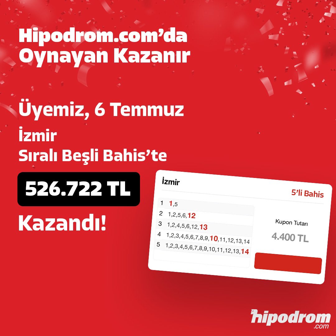 💥 🎁 6 Temmuz Pazar İzmir yarış programında 10. koşuda sıralı beşli bahiste 526.722 TL kazanan üyemizi tebrik ederiz.