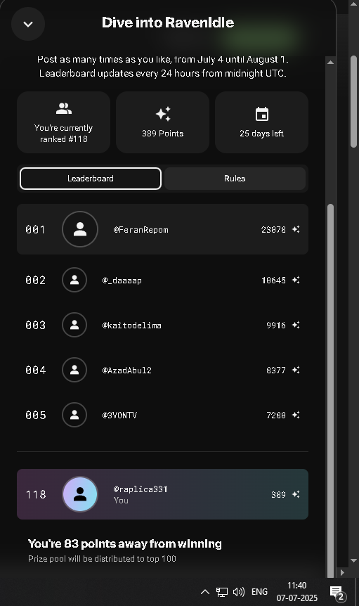 raplica331's tweet photo. I was ranked 109 yesterday… now I’m 118.
At this rate, I’ll unlock the secret “bottom-tier philosopher” class by August. 🧙♂️📉
#RavenIdle #LeaderboardLife #FallingWithStyle @RavenIdle @Immutable @FeranRepom 😀😀 https://t.co/gn2P8dggdf