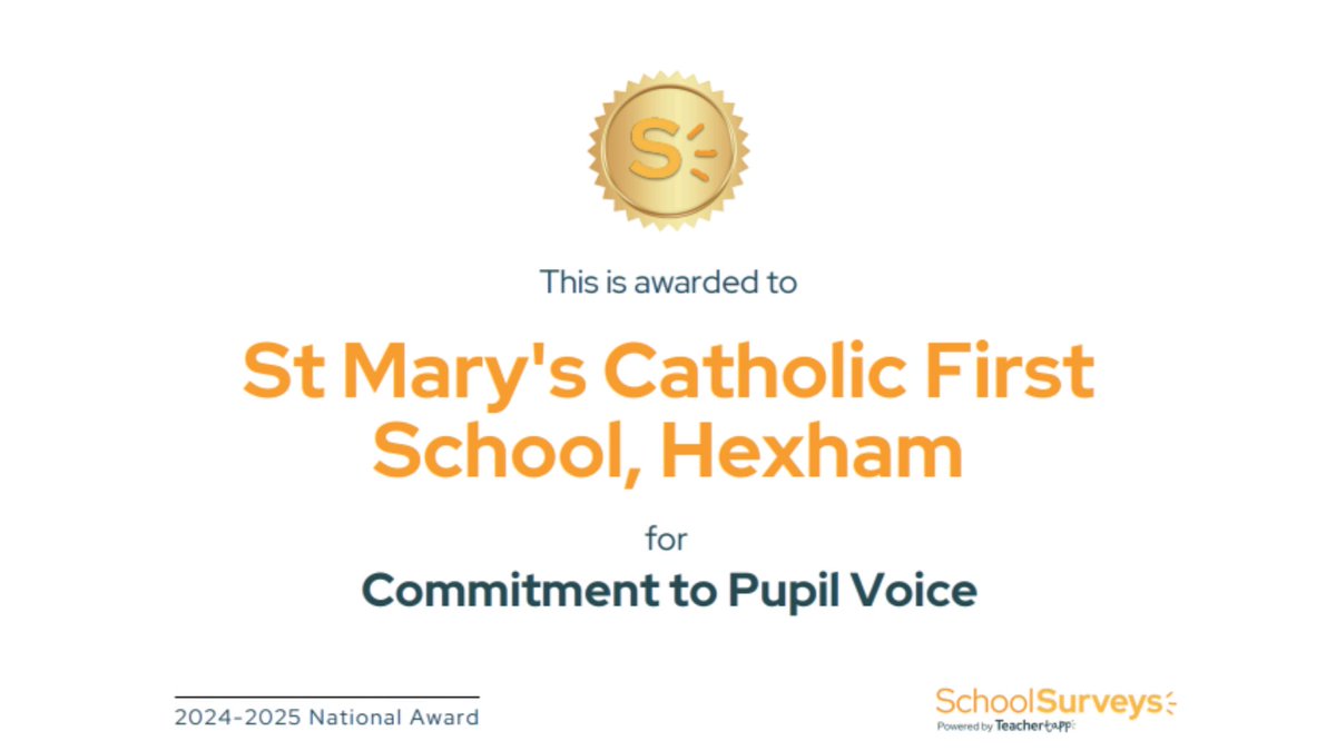 Huge congratulations to St Mary’s Catholic First School in Hexham for winning a national award for listening to its pupils! 

As Headteacher Sarah Oakes says: “Genuine school improvement begins with listening.”

This award belongs to every pupil, staff member &amp; family.