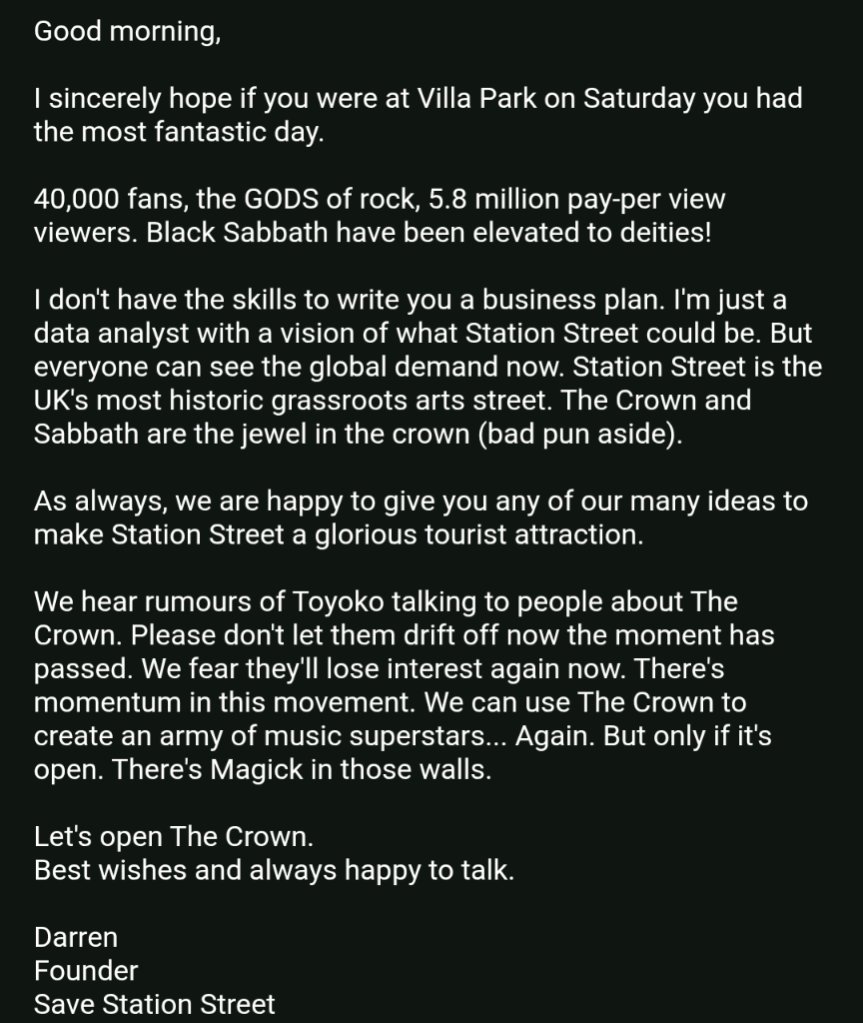 Save Station Street, Birmingham (@oldstationst) on Twitter photo After Black Sabbath said goodnight at the greatest rock show in history we have once again written to <a href="/RichParkerLab/">Richard Parker</a> <a href="/BrumLeader/">LeaderofBirmingham</a> <a href="/ShabanaMahmood/">Shabana Mahmood MP</a> & <a href="/Cllr_suleman/">Councillor Saima Suleman Hall Green North</a> asking them to seize the moment, keep <a href="/ToyokoINN_JP/">東横イン/東横INN【公式】</a> engaged & save Birmingham's Cathedral of Music - The Crown. After Black Sabbath said goodnight at the greatest rock show in history we have once again written to <a href="/RichParkerLab/">Richard Parker</a> <a href="/BrumLeader/">LeaderofBirmingham</a> <a href="/ShabanaMahmood/">Shabana Mahmood MP</a> & <a href="/Cllr_suleman/">Councillor Saima Suleman Hall Green North</a> asking them to seize the moment, keep <a href="/ToyokoINN_JP/">東横イン/東横INN【公式】</a> engaged & save Birmingham's Cathedral of Music - The Crown.
