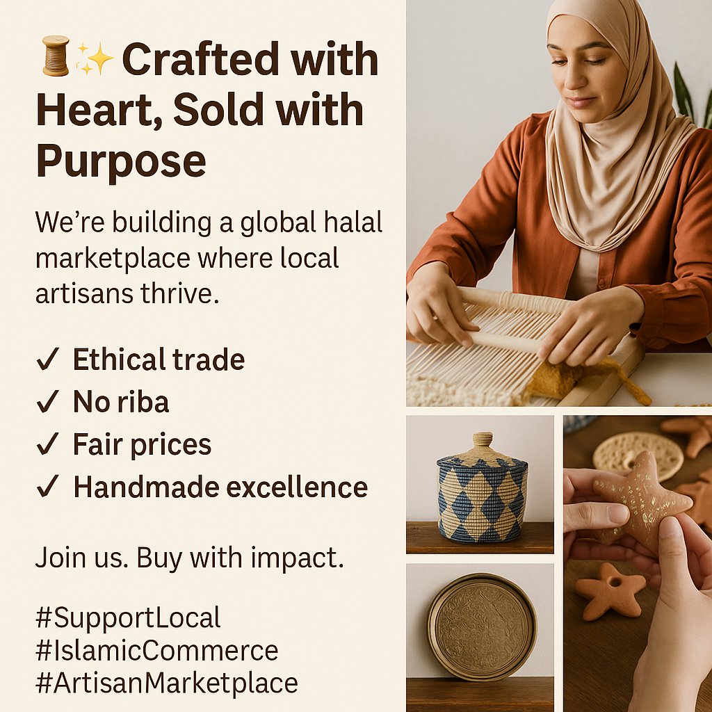 HammanMaim86286's tweet photo. Crafted with Heart Sold with Purpose
We’re building a global halal marketplace where local artisans thrive.
 Ethical trade
No riba
Fair prices
 Handmade excellence
Join Qatar sidra mall today. Buy with impact. 
https://t.co/8rezWsVFw9
#SupportLocal #IslamicCommerce #ArtisanMarket https://t.co/OgW852Z7PI