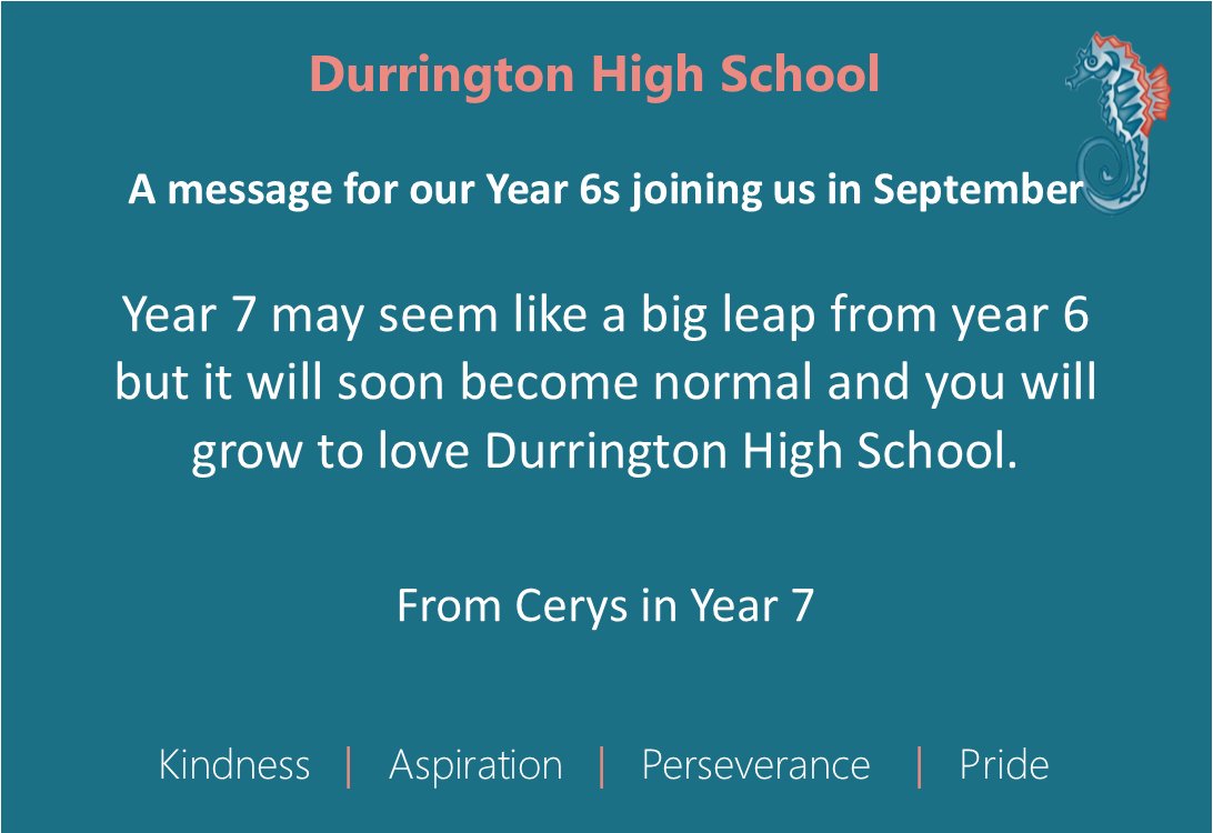 DurringtonHigh's tweet image. We asked our current year 7s what they would like to say to the year 6 students who will be joining us in September. Here is what Cerys had to say.
#DHSTransition #WelcometoDHS #TheDurringtonJourney