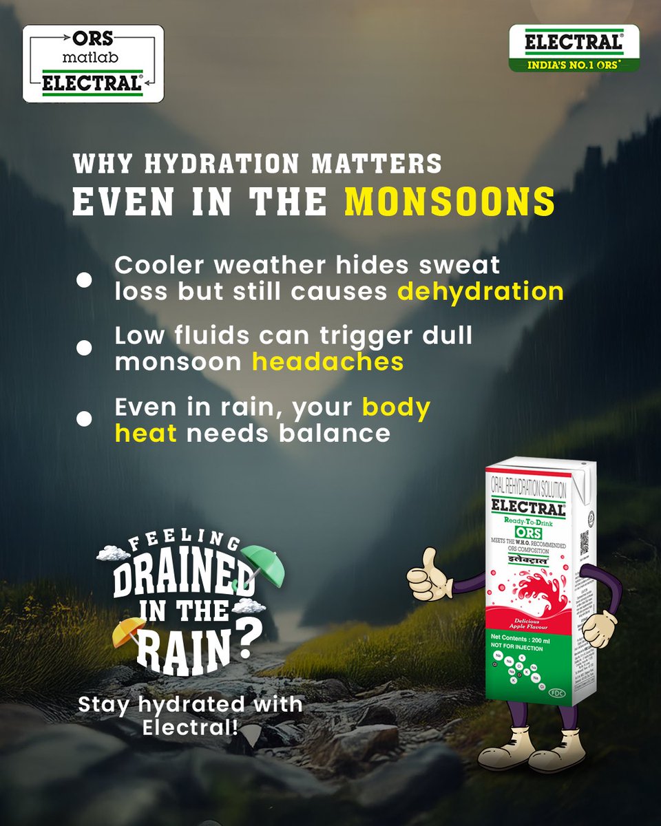 electralofc's tweet image. Don’t let the rain fool you. Your body still needs hydration, even on cooler, cloudy days.

Because even in the monsoons, dehydration hides in plain sight.
Stay ready, stay hydrated with Electral.

#ORSmatlabElectral #HydrationMatters #ElectralForIndia #MonsoonHydration