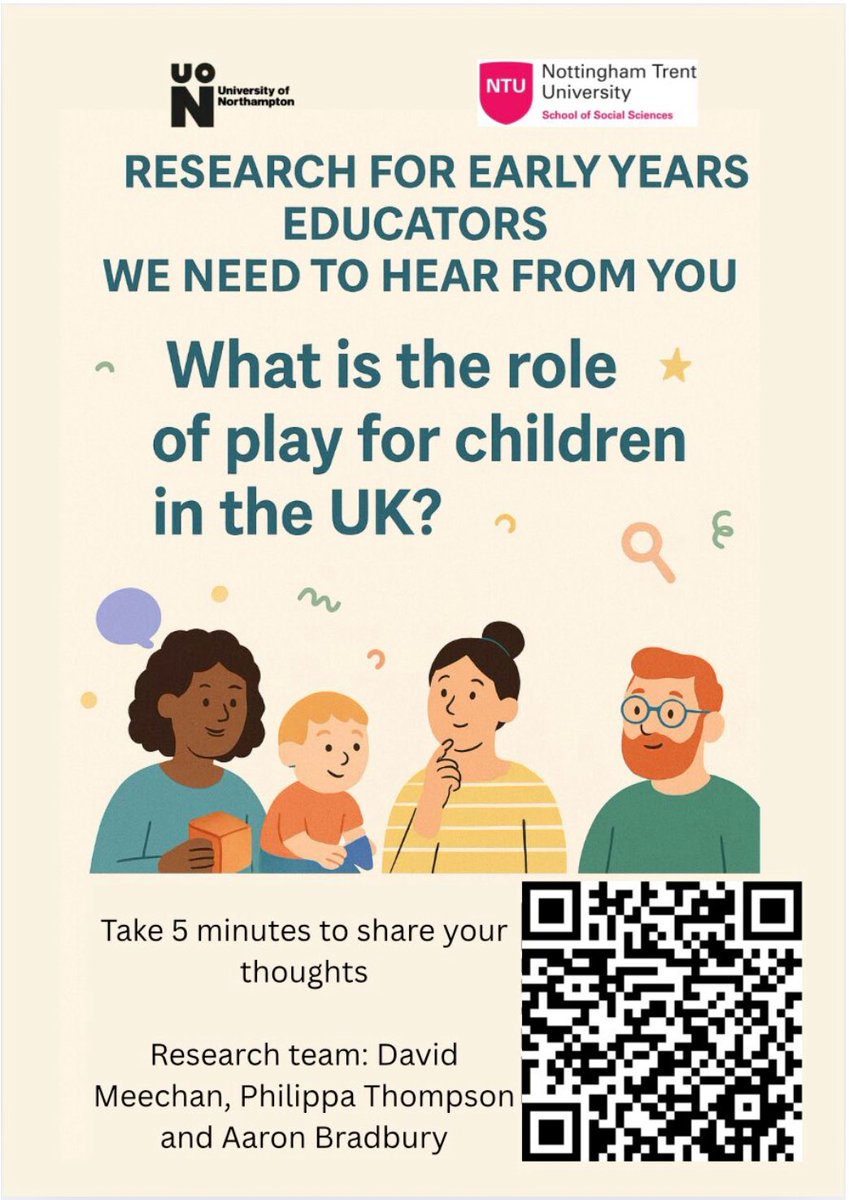 Early Years Educators, We Need You! 

We’re exploring how play is used, valued &amp; supported in practice across the UK.
Your voice matters in our new research: #PLAY2025 📝

🕐 10 mins

📍 For all EY professionals in the UK

🔗 Take part now: app.onlinesurveys.jisc.ac.uk/s/northampton/…

#EarlyYears