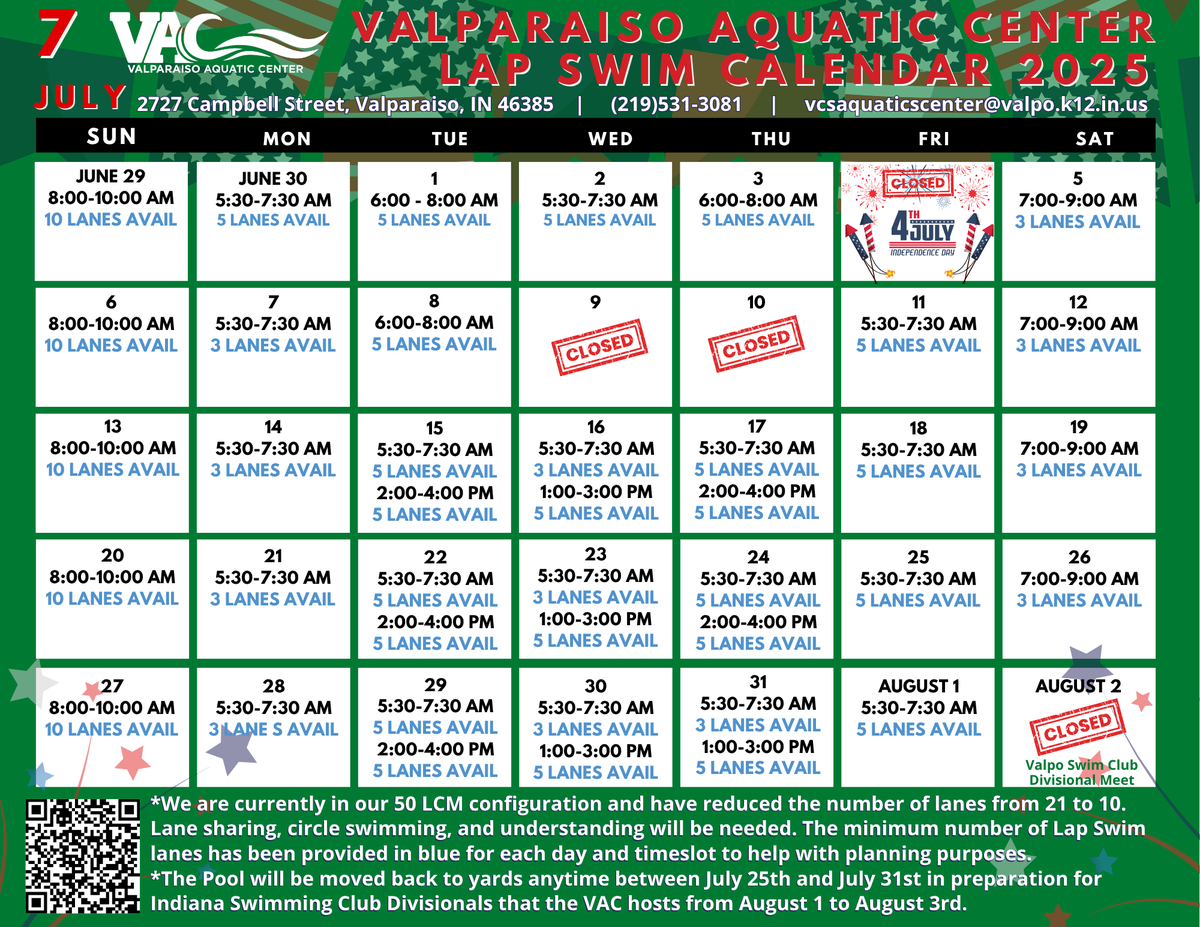 The July 2025 Lap Swim Calendar is ready for you.  Please be aware that we will be switching the pool back to short-course yards at any time after July 25th.