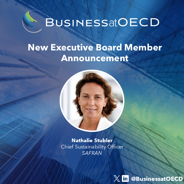 BusinessatOECD's tweet image. 📢 We are delighted to announce that @SAFRAN's Chief #Sustainability Officer @Nath_Stubler has joined as a Member of our Executive Board to help advocate our mission at the @OECD.
Nominated by our member @medef, Nathalie brings a wealth of experience in sustainability from…