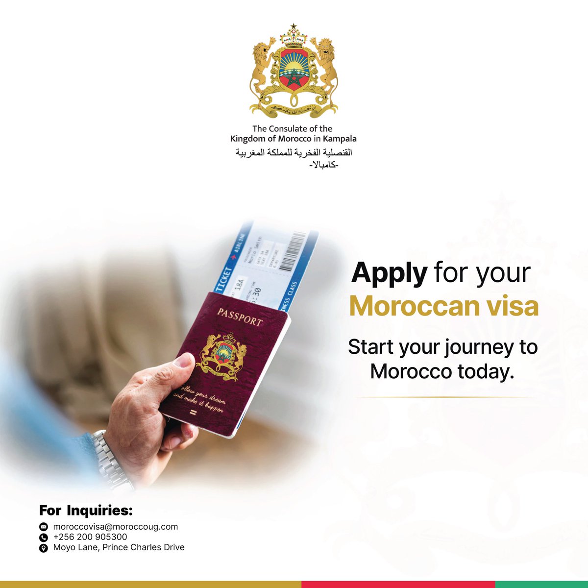 Honorary Consulate of the Kingdom of Morocco (@moroccoinuganda) on Twitter photo Email us at moroccovisa@moroccoug.com to schedule an appointment for your visa application today. 🇲🇦 Email us at moroccovisa@moroccoug.com to schedule an appointment for your visa application today. 🇲🇦