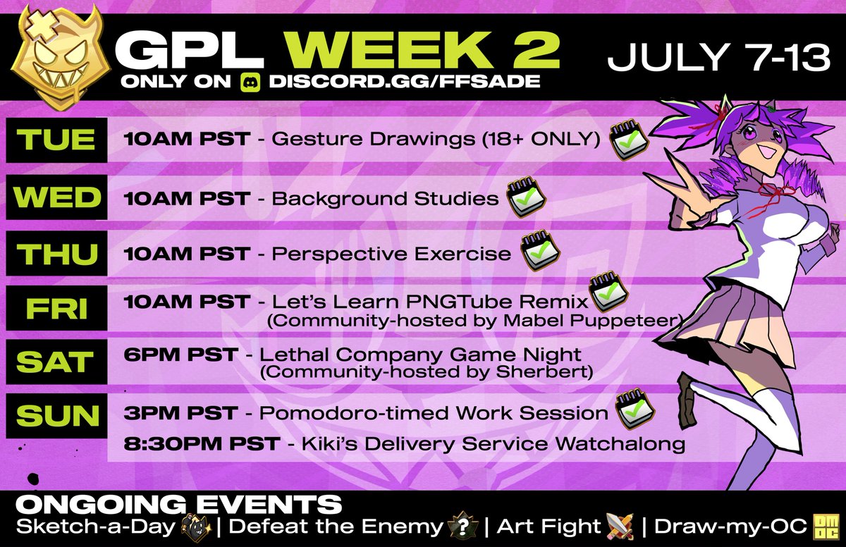 ffSade's tweet image. Here's what this week looks like for Discord events, with some community-hosted stuff too! I've also updated my site to have a hub where all this info is available.