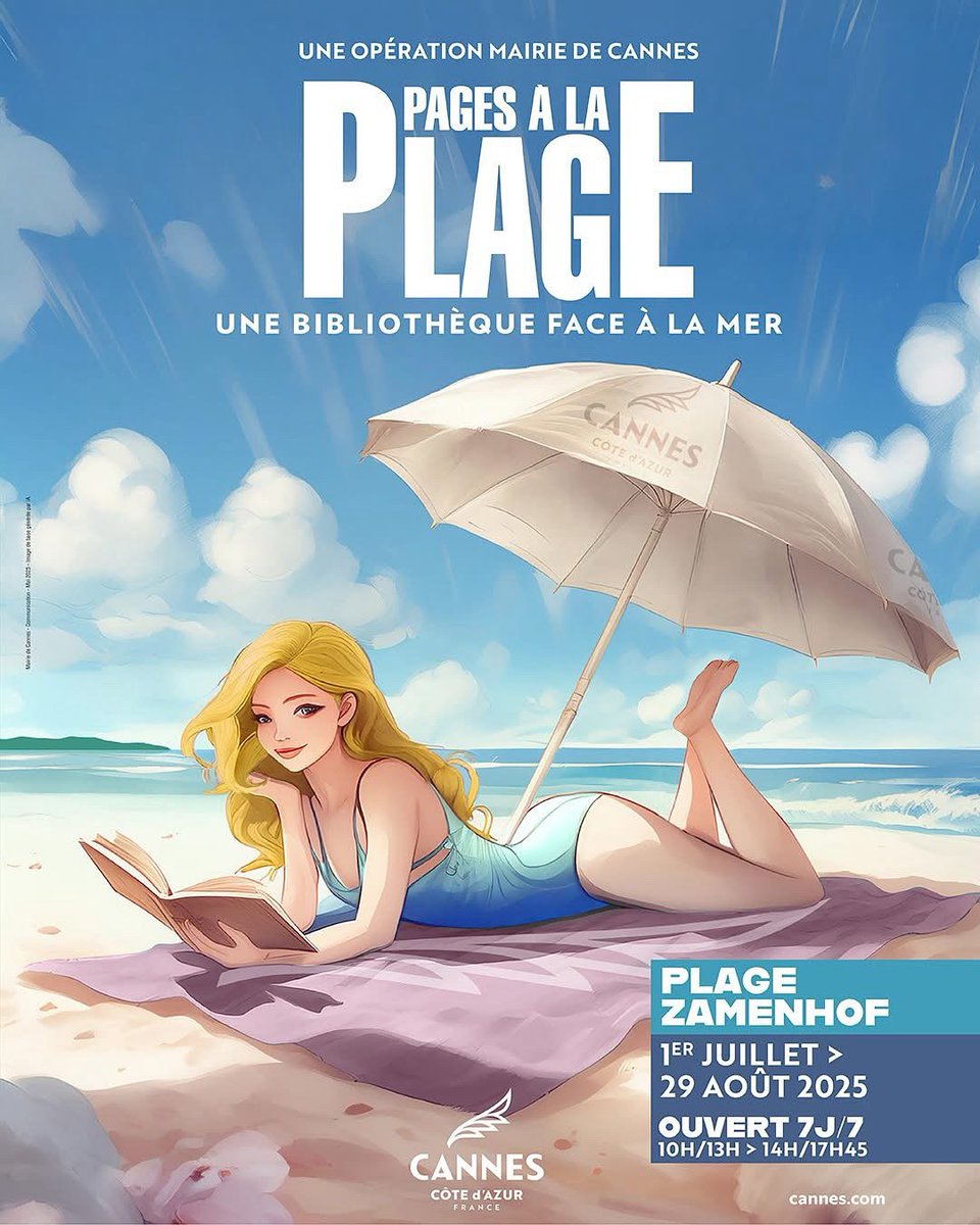 ☀️[L’été à Cannes]
📚 Soleil, sable… et romans !
Pages à la plage, c’est à Cannes jusqu’au 29 août 🌞
📍 Plage Zamenhof – Croisette
🕐 Tous les jours : 10h-13h &amp; 14h-17h45
Romans, BD, presse, albums jeunesse…
Gratuit &amp; en plein air.
Et si vous lisiez les pieds dans l’eau ? 👣