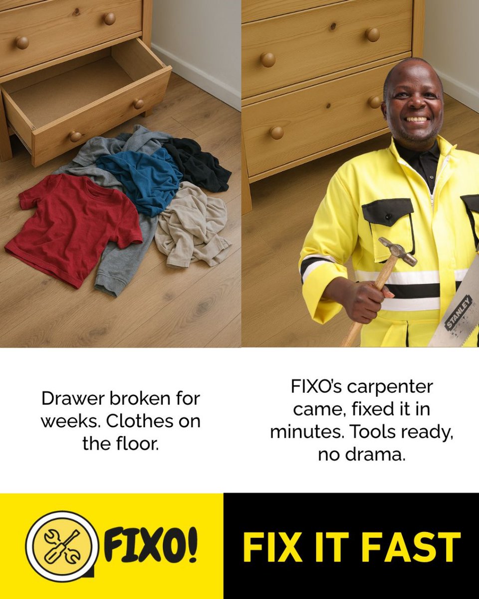 FixoSolutions's tweet image. Stop suffering, fix it fast.
WhatsApp ‘Hi’ to 0790 222 777 to connect with plumbers, electricians, carpenters and painters

Fixo! – Fix it Fast!🔗 fixosolutions.com
WhatsApp 🔗: wa.me/message/FYUNLL…

#FurnitureFix #CarpenterNairobi #FixItFast #FundiOnCall #NairobiFixes