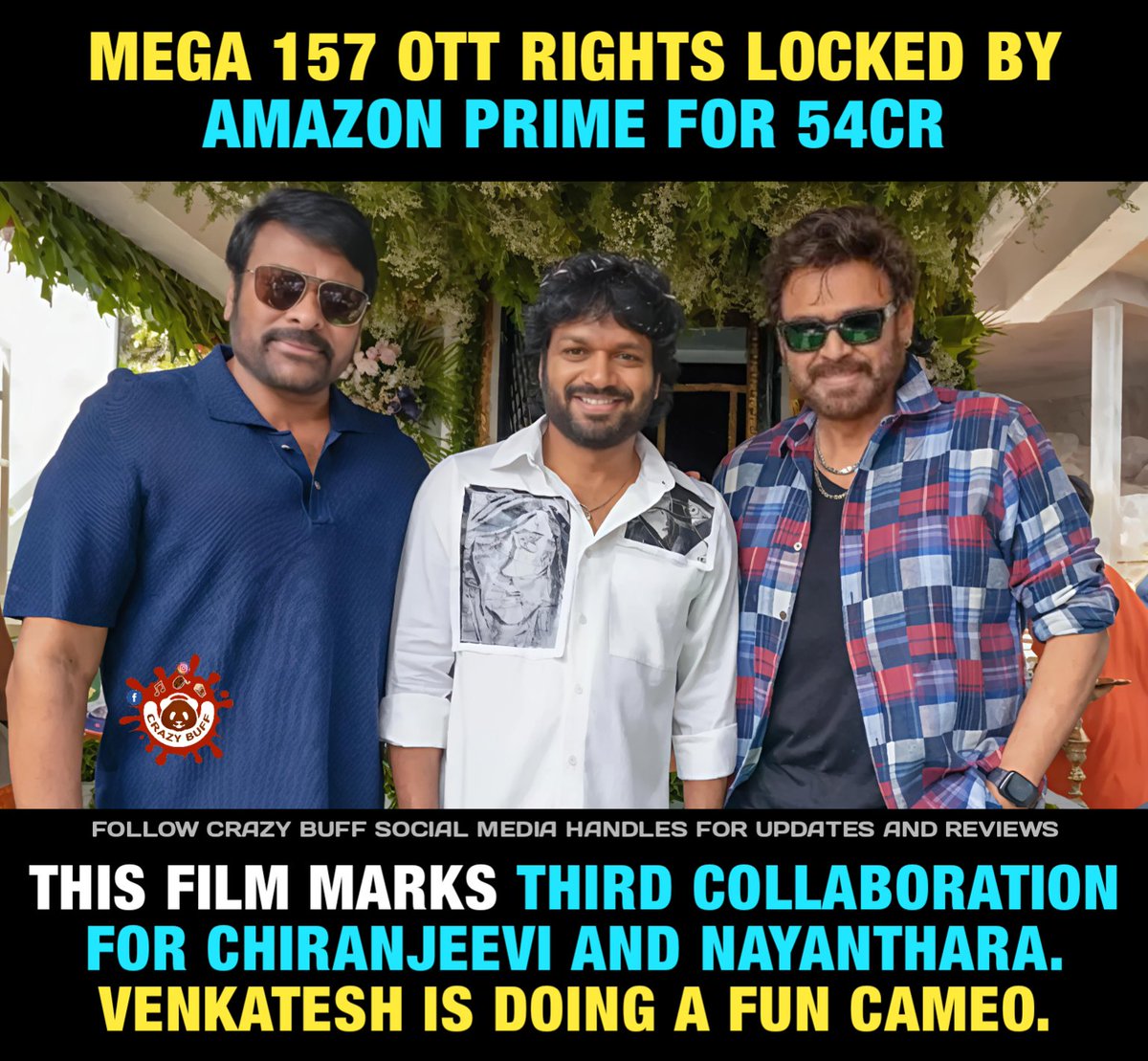 #Mega157 OTT Rights locked by #AmazonPrime for 54Cr

#Chiranjeevi #AnilRavipudi #Nayanthara #Venkatesh #Venkateshdaggubati #ChiruAnil