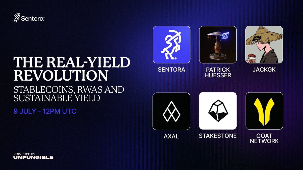 Sustainable DeFi yield can only exist where there's real economic value👇 

Set a reminder now to join Sentora’s <a href="/heussepa/">Patrick Heusser</a> alongside <a href="/Stake_Stone/">StakeStone</a>, <a href="/GOATRollup/">GOAT Network 🟡</a>, and <a href="/getaxal/">Axal</a> for a deep-dive chat on DeFi yield.

⏰Wednesday July 9th, 12:00 UTC