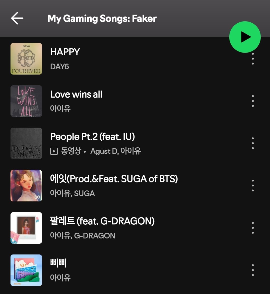 _geums8's tweet photo. South Korean professional LOL players Faker and Doran s Spotify playlists including with #IU s songs 🌸
#아이유 #Faker #Doran https://t.co/wULSEfIag3
