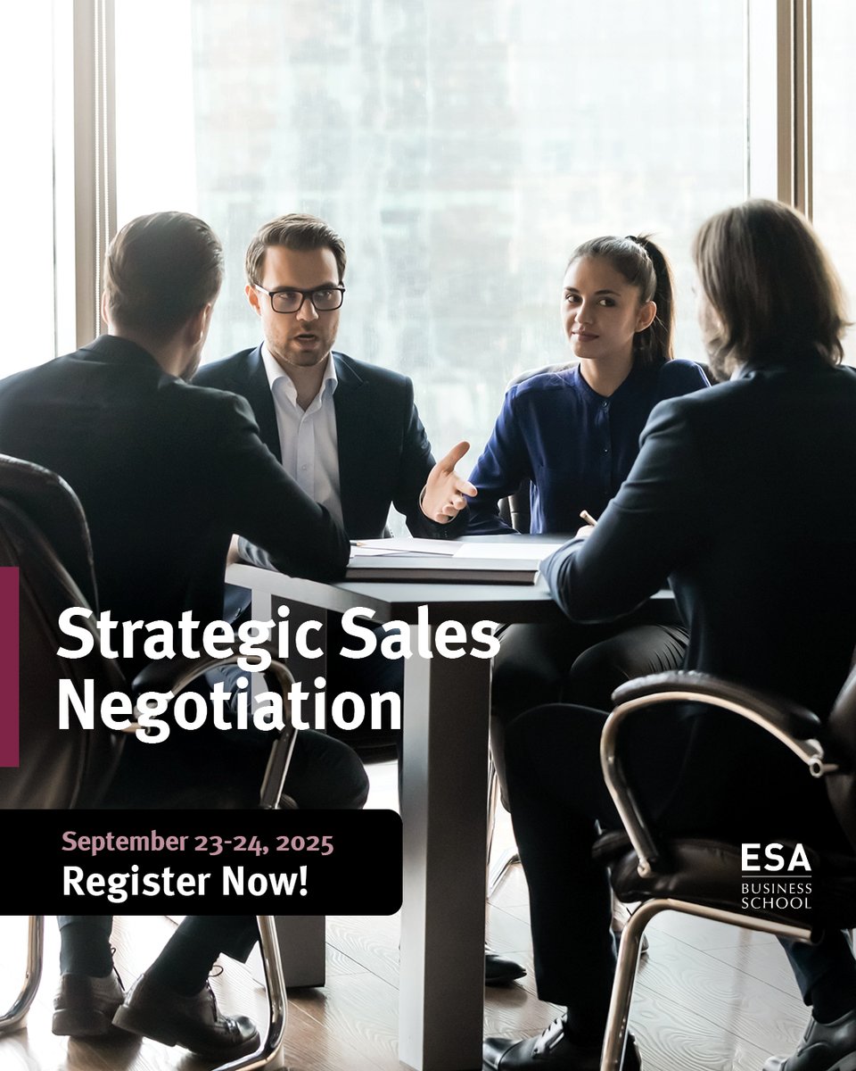 Master the art of negotiation!

Join our workshop to master strategic thinking and tactical negotiation skills.

📆 September 23–24, 2025

🔗 Learn more &amp; register: 
hubs.ly/Q03s7YxT0

#ESABusinessSchool #Education #SkillsDevelopment #StudentSuccess #FutureReady
