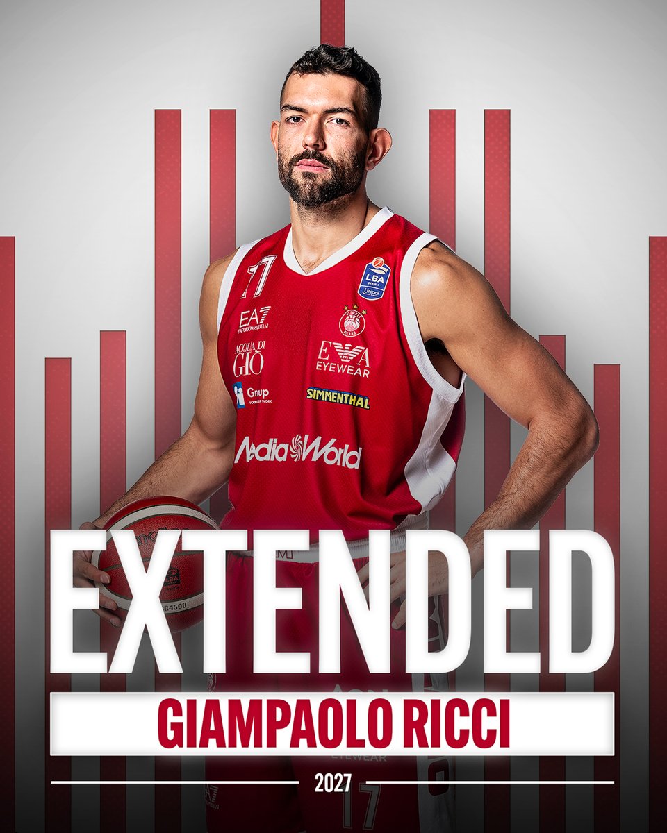 OlimpiaMI1936's tweet photo. La Pallacanestro Olimpia Milano comunica di aver raggiunto un accordo per estendere il contratto del Capitano Giampaolo Ricci fino al 2027.  🤍❤️

“Felice di proseguire il mio percorso all’Olimpia. Sono orgoglioso di continuare a lottare, crescere e costruire qualcosa di speciale per questa maglia e per i nostri tifosi"

🇮🇹 Comunicato ufficiale 👉🏻 https://t.co/avKgeIYY3H
🇬🇧 Official statement 👉🏻 https://t.co/ezN4TF9nuN

#insieme #ForzaOlimpia